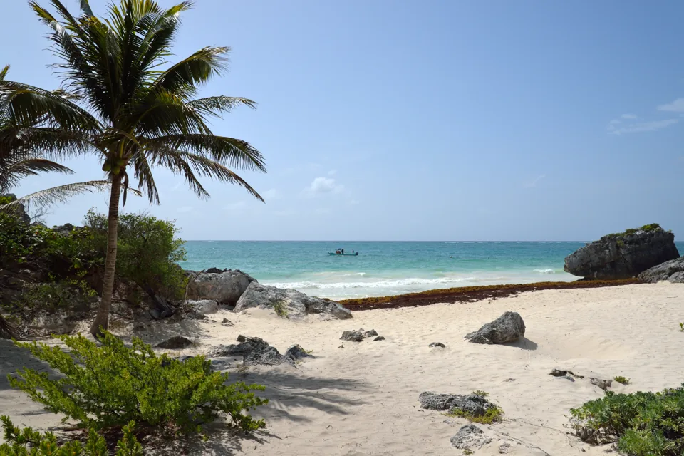 Playa de arena clara en Tulum, con palmeras, rocas y el mar Caribe de color turquesa.